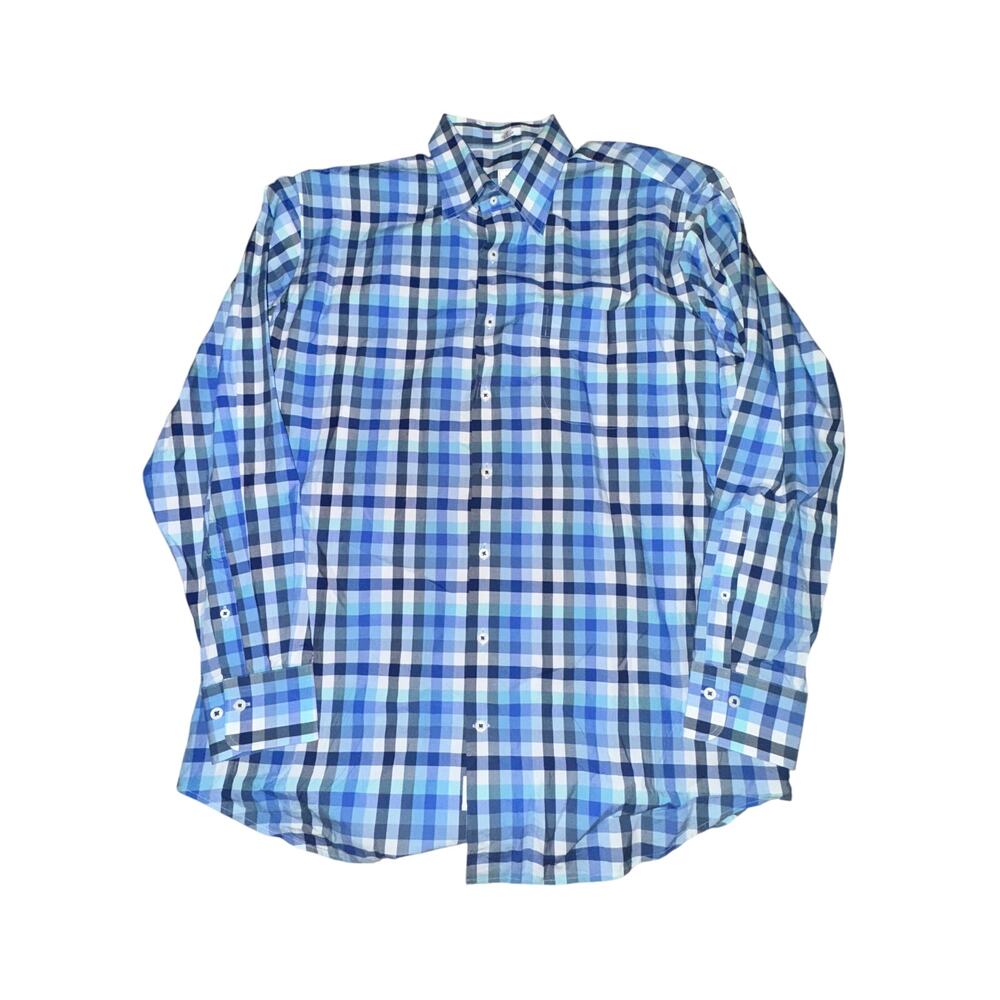 Peter Millar Button Front Shirt Men's Size L Blue Plaid Long Sleeve Pocket